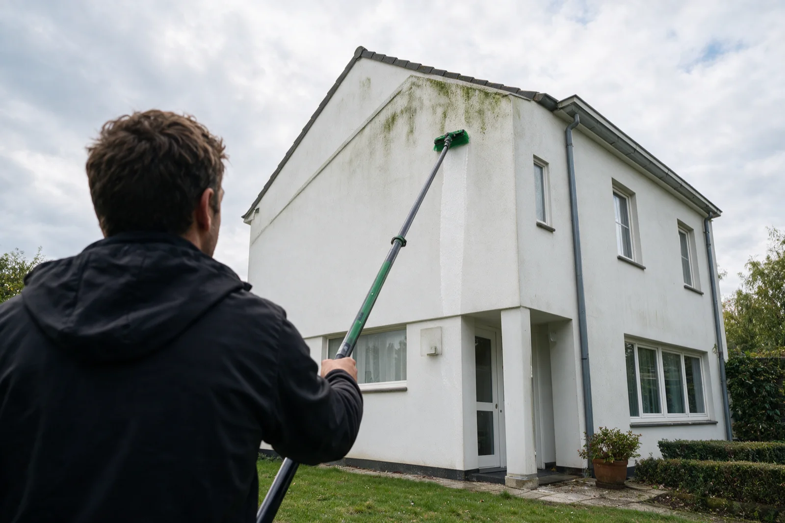 Care4Crepi reinigt de topgevel van een woning met de zachte borstel